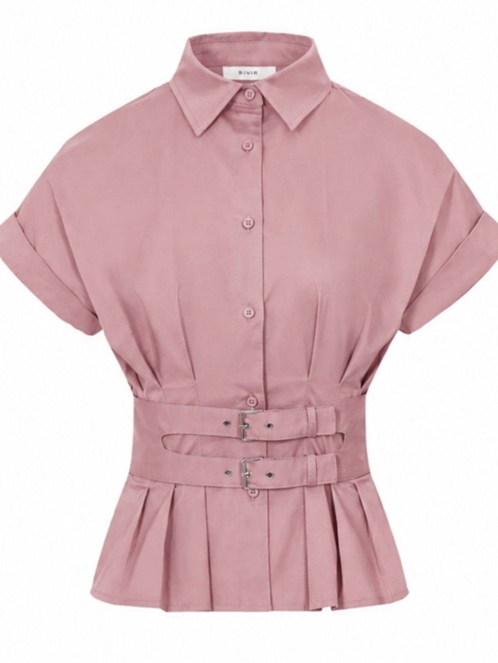 Rivir Belted Contour Woven Pleated Double Buckle Short Sleeve Pink Blouse Large